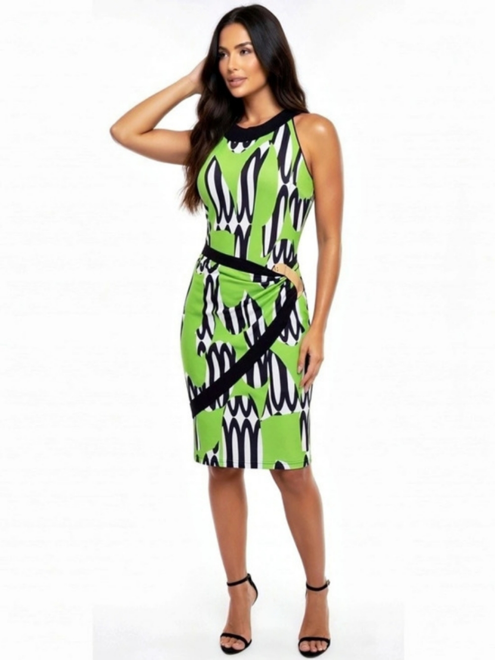 Joseph Ribkoff Sleeveless Side Gathered Abstract Dress in Green & Black Size 8